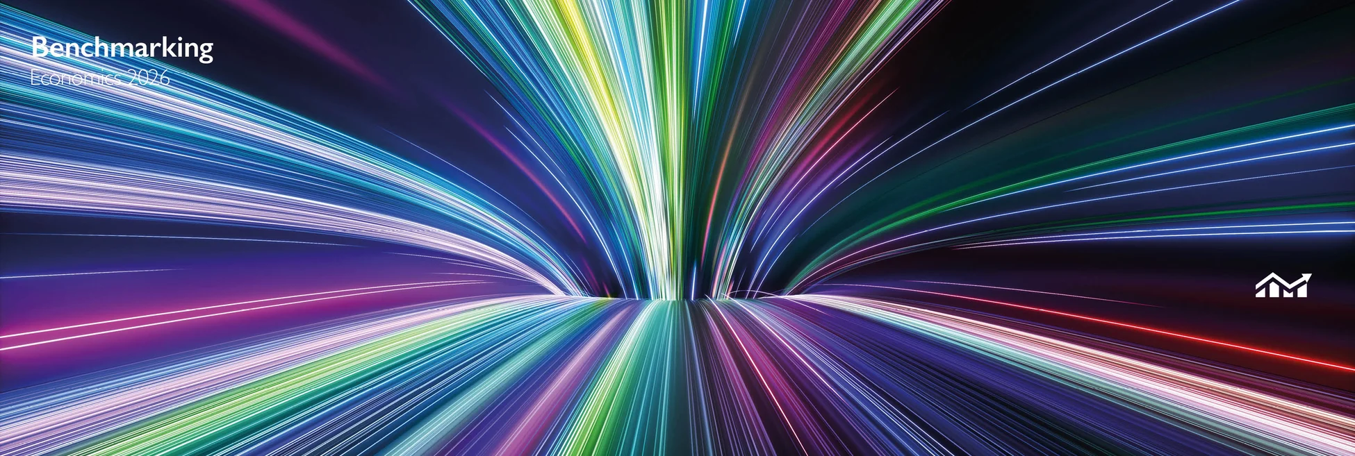A series of lines in blue, green, pink and purple, curving into another line