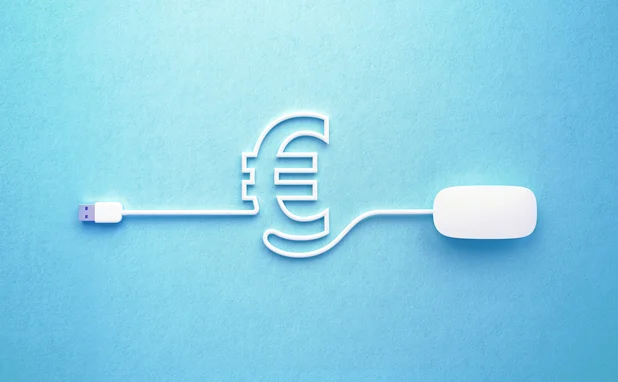 White mouse cable forming Euro symbol on blue background