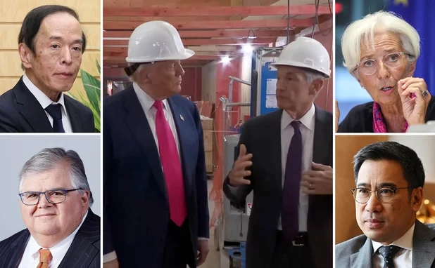 Clockwise from top left: Kazuo Ueda, Donald Trump, Jerome Powell, Christine Lagarde, Sethaput Suthiwartnarueput and Agustin Carstens