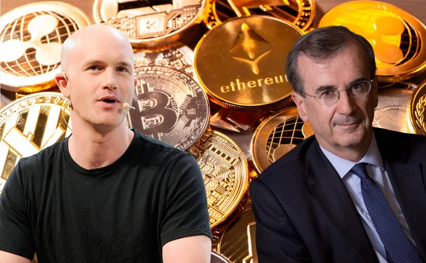 Montage of Brian Armstrong and François Villeroy de Galhau in front of cryptocurrency images