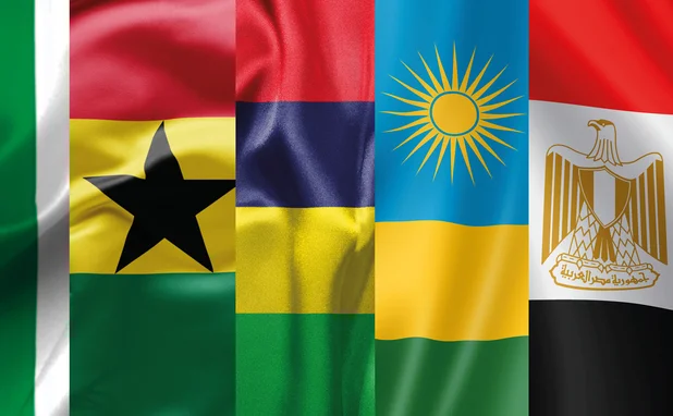 A composition of the flags of Nigeria, Ghana, Mauritius, Rwanda and Egypt