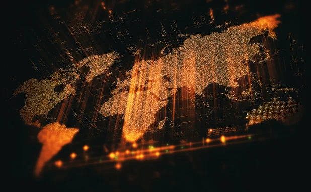 Global data network world map with matrix-style grid
