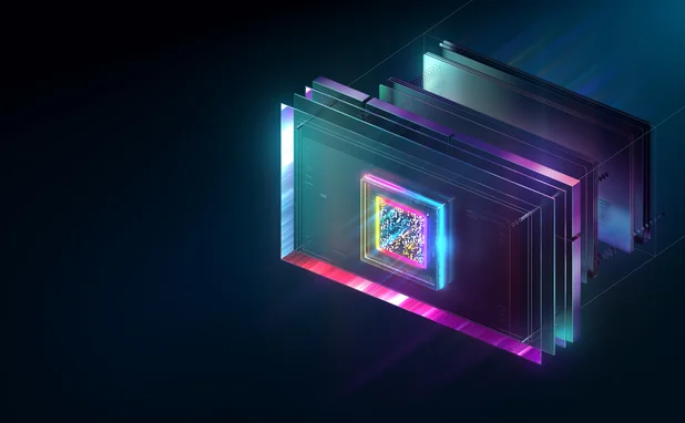 Futuristic digital graphic showing a glowing microchip within layered translucent panels
