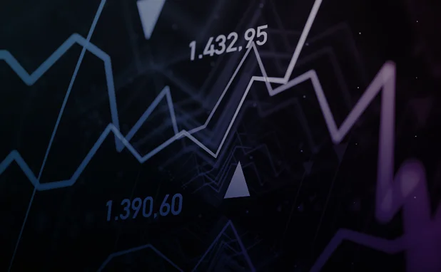 A financial graph in blue and purple