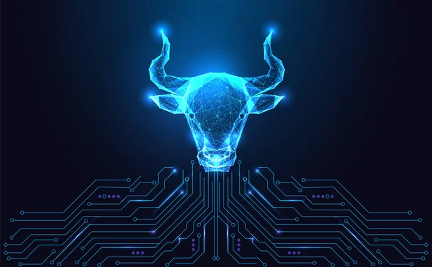  Futuristic Glowing Bull Head Low Poly Wireframe Above Digital Circuit Board on Dark Tech Background 