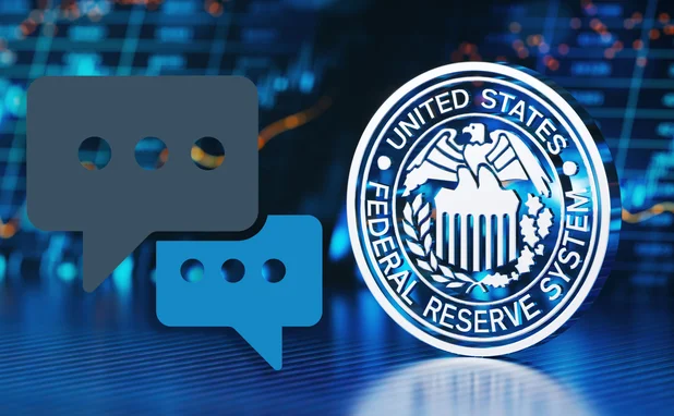 Fed icon with a financial chart background, and some speech bubbles