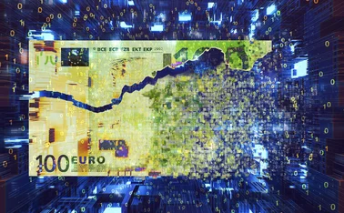 Euro note being disintegrated by binary code