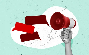 Speech bubbles and a hand holding a megaphone pop art style