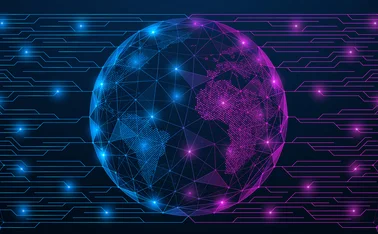 Two outlines of faces with lines connecting them to a stylised Earth