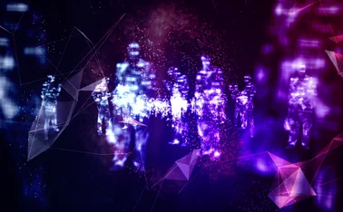 Blue and purple abstract with shadowy human figures