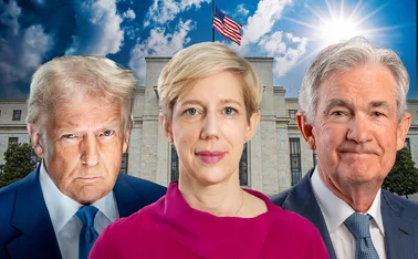 Donald Trump, Anna Breman and Jerome Powell in front of the US Federal Reserve