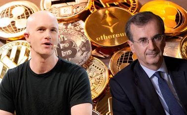 Montage of Brian Armstrong and François Villeroy de Galhau in front of cryptocurrency images