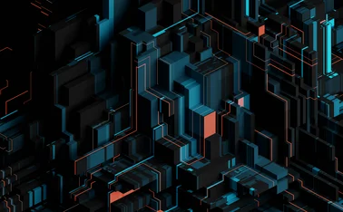 Futuristic abstract 3D digital cityscape with glowing blue and orange lines, symbolising AI, data networks, blockchain and modern technology.