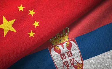 The flags of China and Serbia