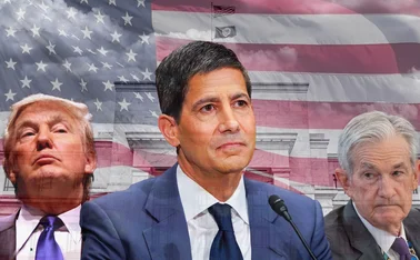 A montage of Trump, Warsh and Powell in front of the Fed building overlaid with the US flag