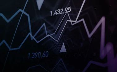 A financial graph in blue and purple