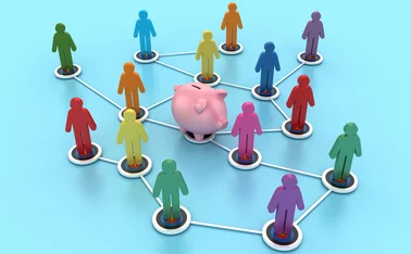 A netowrk of people around a piggy bank, signifying financial inclusion