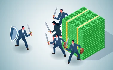 Men protecting pile of dollars