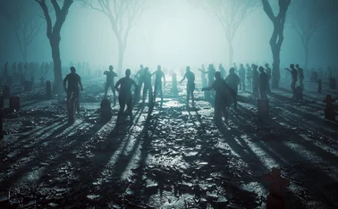 Zombies lurching through a graveyard