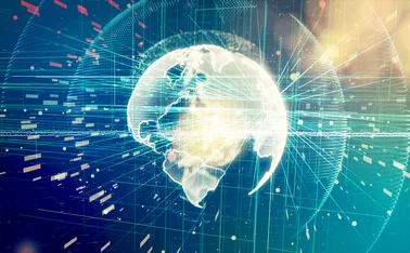 Digital image of lines expanding out from globe