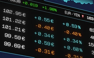 Financial market data screen displaying European government bond yields, currency exchange rates and market price movements in coloured figures.