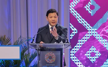 Vitai Ratanakorn speaks at the unveiling of the Bangkok Blueprint to Combat Cyber-Enabled Fraud in Digital Finance on October 14, 2026