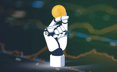 Blurry FX trading screen behind an illustration of a robot hand holding a dollar coin