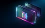 Futuristic digital graphic showing a glowing microchip within layered translucent panels