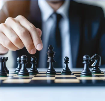 Businessman in a suit moving a black king on a chessboard, representing strategic thinking and leadership in business