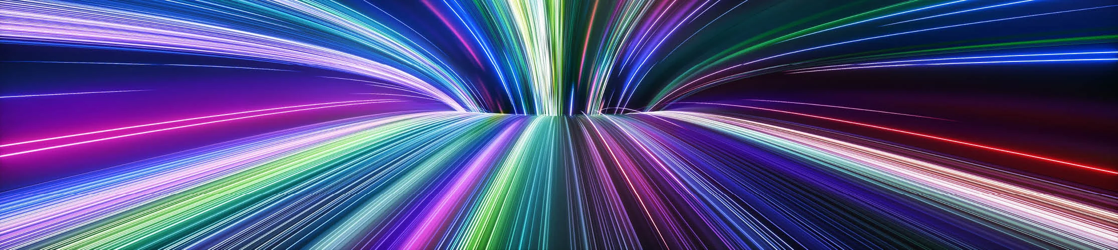 A series of lines in blue, green, pink and purple, curving into another line