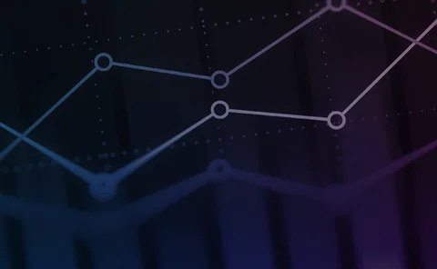 Stylised line graph against a blue and burgundy background. 