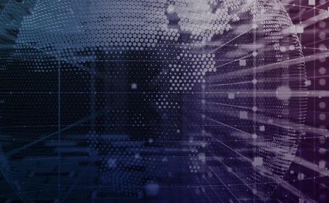 Burgundy and blue background of sphere with dots and lines emanating from it