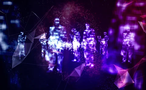 Blue and purple abstract with shadowy human figures