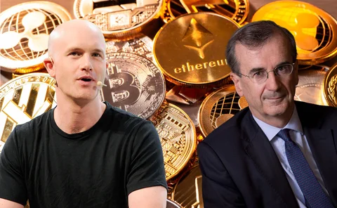 Montage of Brian Armstrong and François Villeroy de Galhau in front of cryptocurrency images