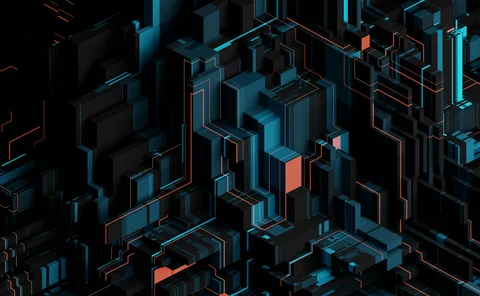 Futuristic abstract 3D digital cityscape with glowing blue and orange lines, symbolising AI, data networks, blockchain and modern technology.