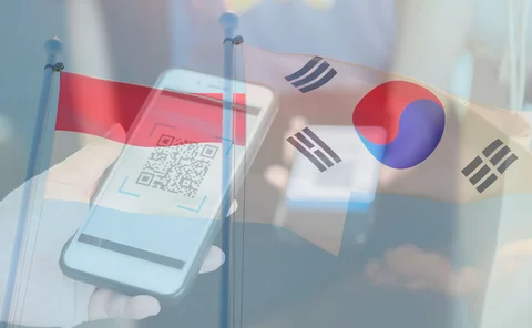 The flags of South Korea and Indonesia overlaid on a scene of a phone with a QR code