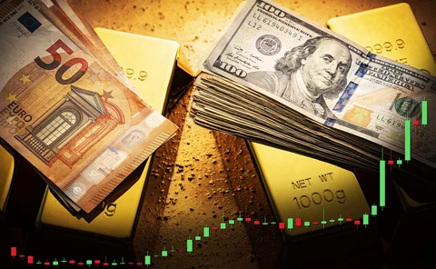 US dollar and euro banknotes with gold bars, overlaid with a line graph showing market data