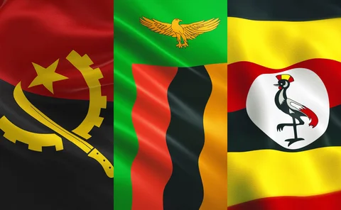 Angola, Zambia and Uganda flags