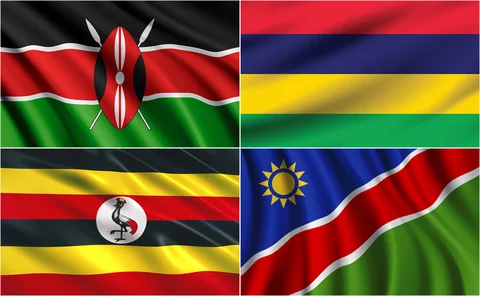 Clockwise from top left: the flags of Kenya, Mauritius, Namibia and Uganda