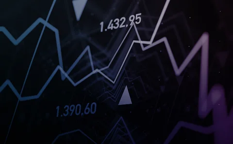 A financial graph in blue and purple
