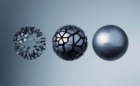 Three metallic spheres arranged horizontally on a pale blue background, progressing from fragmented and spiked to cracked and then smooth and intact, symbolising transformation and refinement.