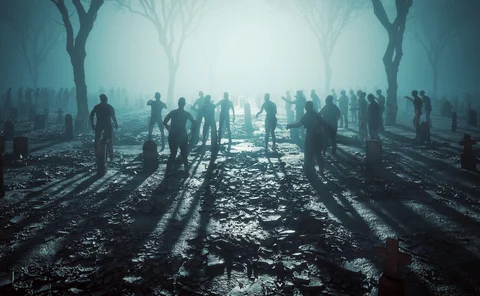 Zombies lurching through a graveyard