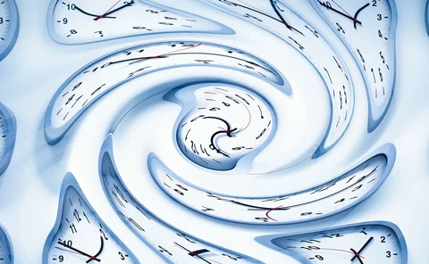 Clock faces are warped into a strange pattern