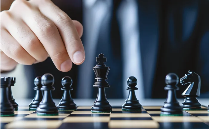 Businessman in a suit moving a black king on a chessboard, representing strategic thinking and leadership in business