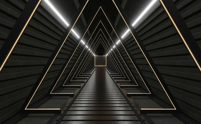 Futuristic geometric corridor with illuminated triangular light frames and dark metallic walls, symbolizing innovation, technology, and digital transformation