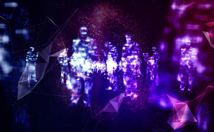 Blue and purple abstract with shadowy human figures