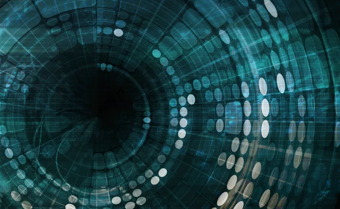 Abstract digital technology background featuring teal circular data patterns, grid lines, and glowing network nodes