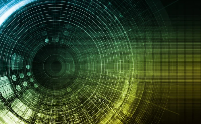 Abstract digital interface with concentric data rings and grid patterns, visualizing artificial intelligence systems, big data analytics, and advanced computational processing