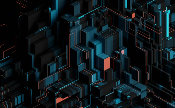 Futuristic abstract 3D digital cityscape with glowing blue and orange lines, symbolising AI, data networks, blockchain and modern technology.