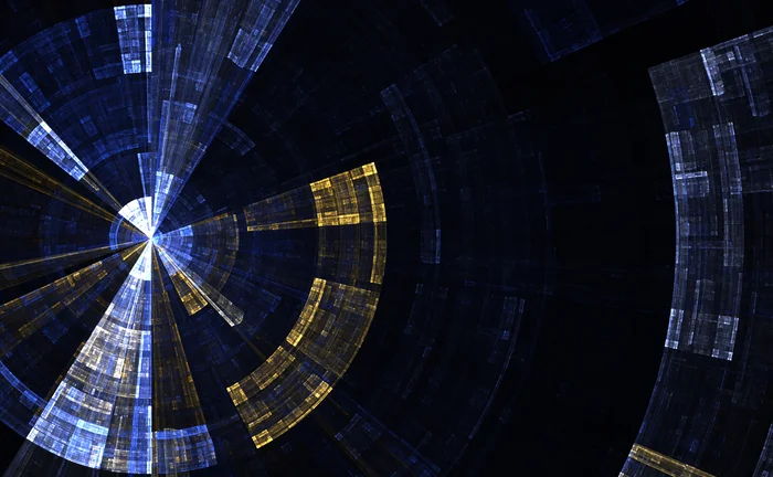 Abstract radial digital pattern with blue and gold geometric segments radiating from a central point, representing data visualisation and network connections